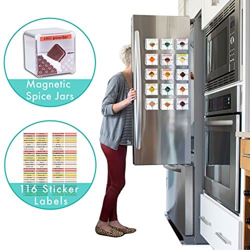 Sereniti Homes Large Magnetic Spice Tin Jar Containers for Refrigerator or Kitchen Rack Organizer - Comes with 116 FREE Color Sticker Labels (15, Silver)