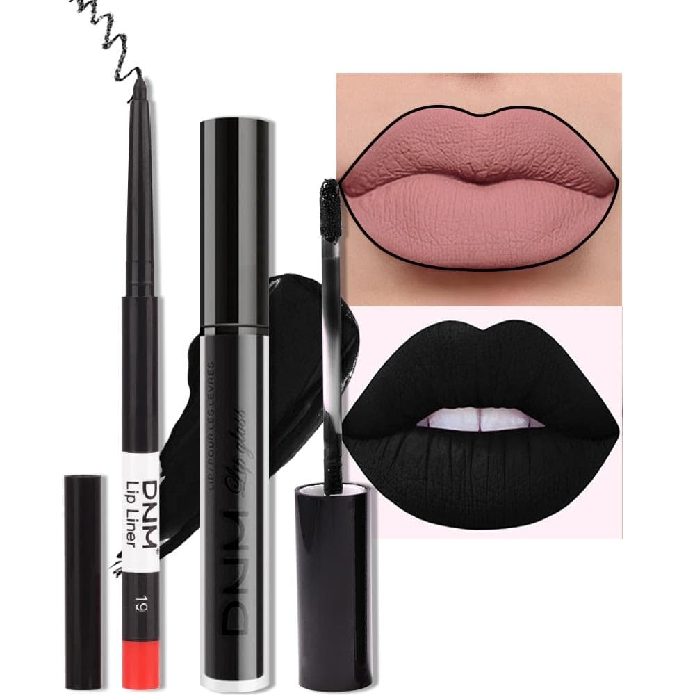 evpct 2Pcs Black Matte Liquid Lipstick and Lip Liner Gloss Stain Pencil Makeup Set Long Lasting Dark Matte Lipstick 24H and with Lip Liner Set for Black women labiales mate 24 horas originales 19#