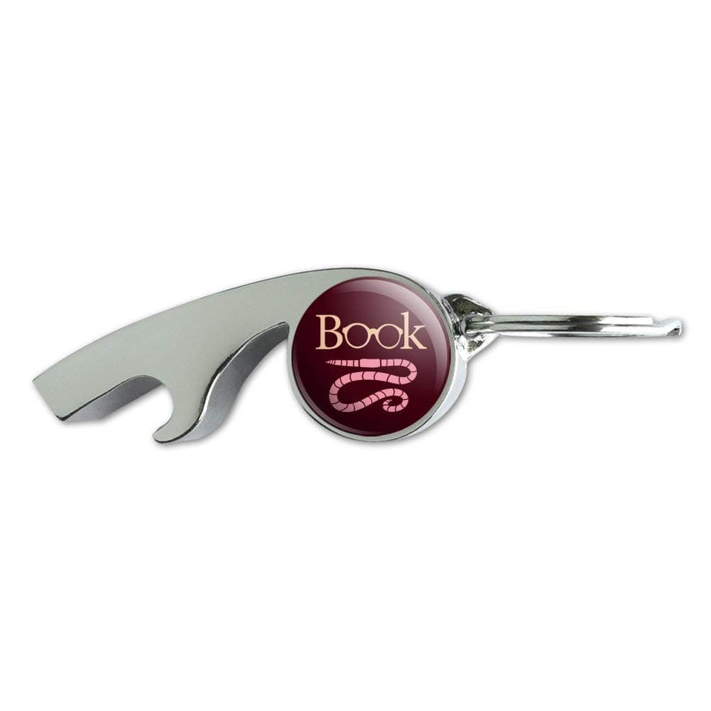 Book Worm with Earthworm Glasses Chrome Plated Metal Whistle Bottle Opener Keychain Key Ring