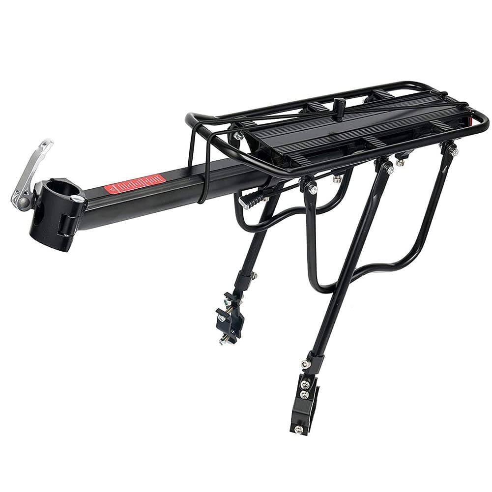 Rear Bike Aluminum Alloy Adjustable Cargo Rack with Tools and Reflector (Black, 110 lbs / 50kg)