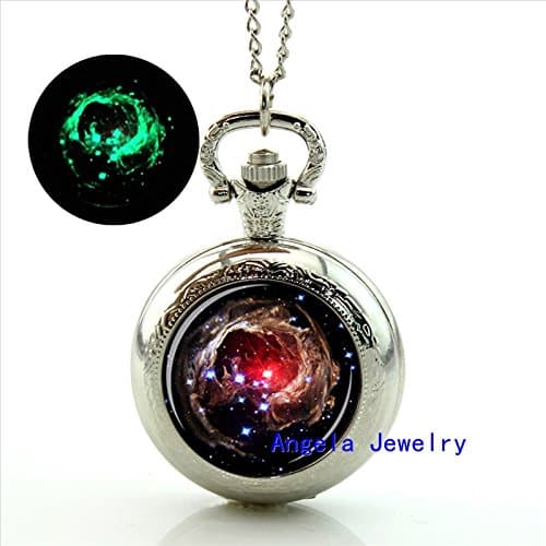 Pretty Lee Fashion Nebula Helix Glowing Pocket Watch Necklace Red Nebula Glass Jewelry Glow in the Dark Pocket Watch