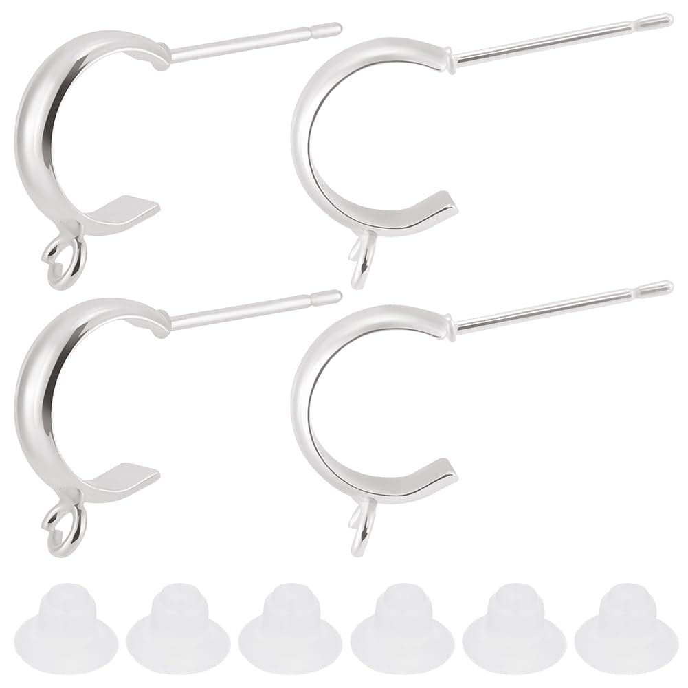 Beebeecraft 1 Box 20Pcs Half Hoop Earring Findings 925 Sterling Silver Plated Round Open Dangle Earrings and 20Pcs Plastic Ear Nuts Earring Hooks for Jewellery Making DIY Gifts Accessories