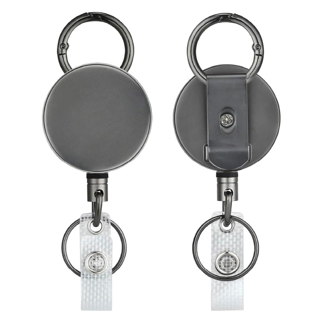 Will Well ID Badge Holder Reel with Clip and Keyring - Heavy-Duty All-Metal Casing with 27.5" UHMWPE Fiber Pull Cord for Durability and Easy Access, Holds up to 8 Keys - 2-Pack, Round, Glossy Silver