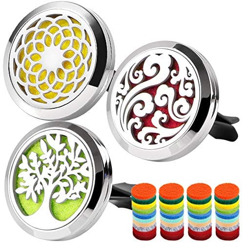 3 PCS Car Aromatherapy Essential Oil Diffuser Vent Clip Stainless Steel Magnetic Closure Locket with 40 Refill Pads