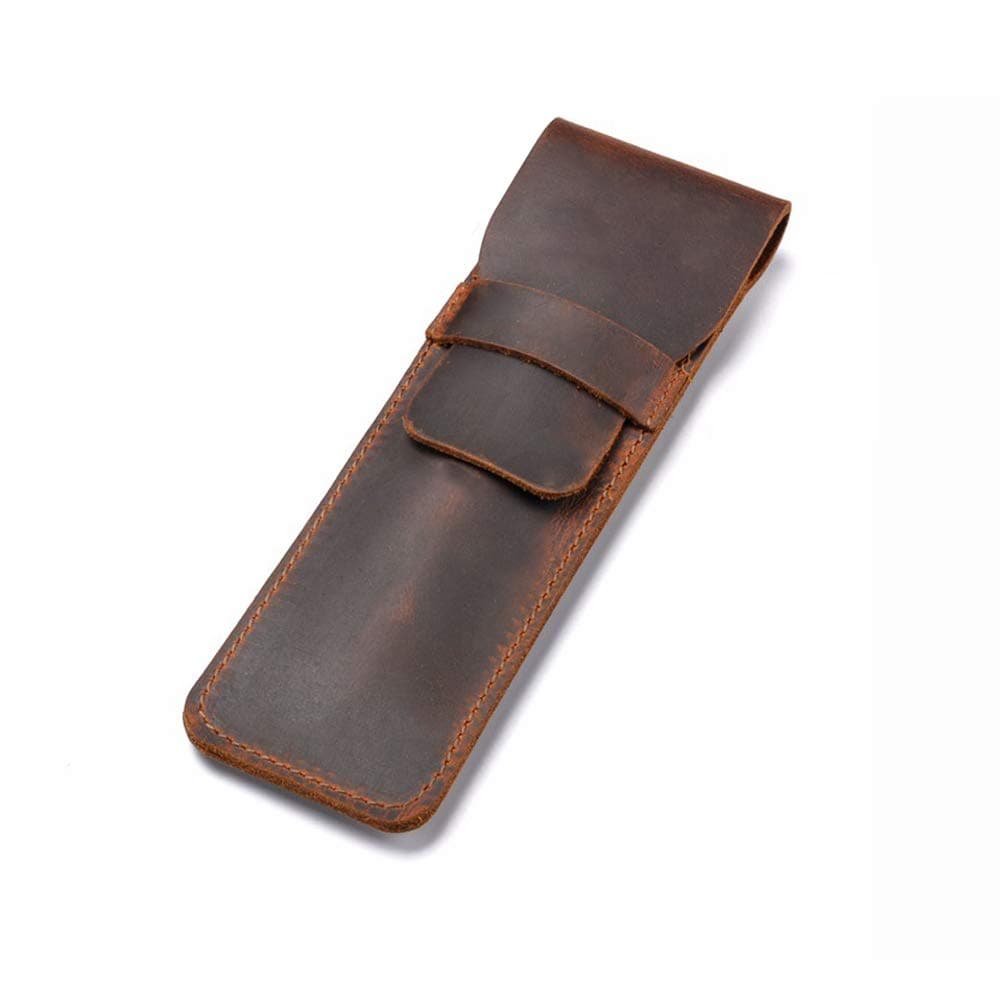 Leather Pen Case Holder Handmade Fountain Multi Pens Pouch Crazy Horse Leather Pen Protective Sleeve Cover - Brown