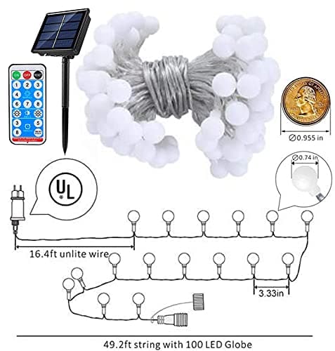 RaThun Solar Globe String Lights for Bedroom, 49 Feet 100 LED Fairy Lights Plug in, 8 Modes Warm White Christmas String Lights for Indoor Outdoor Patio Party Garden Wedding Christmas Tree Decor