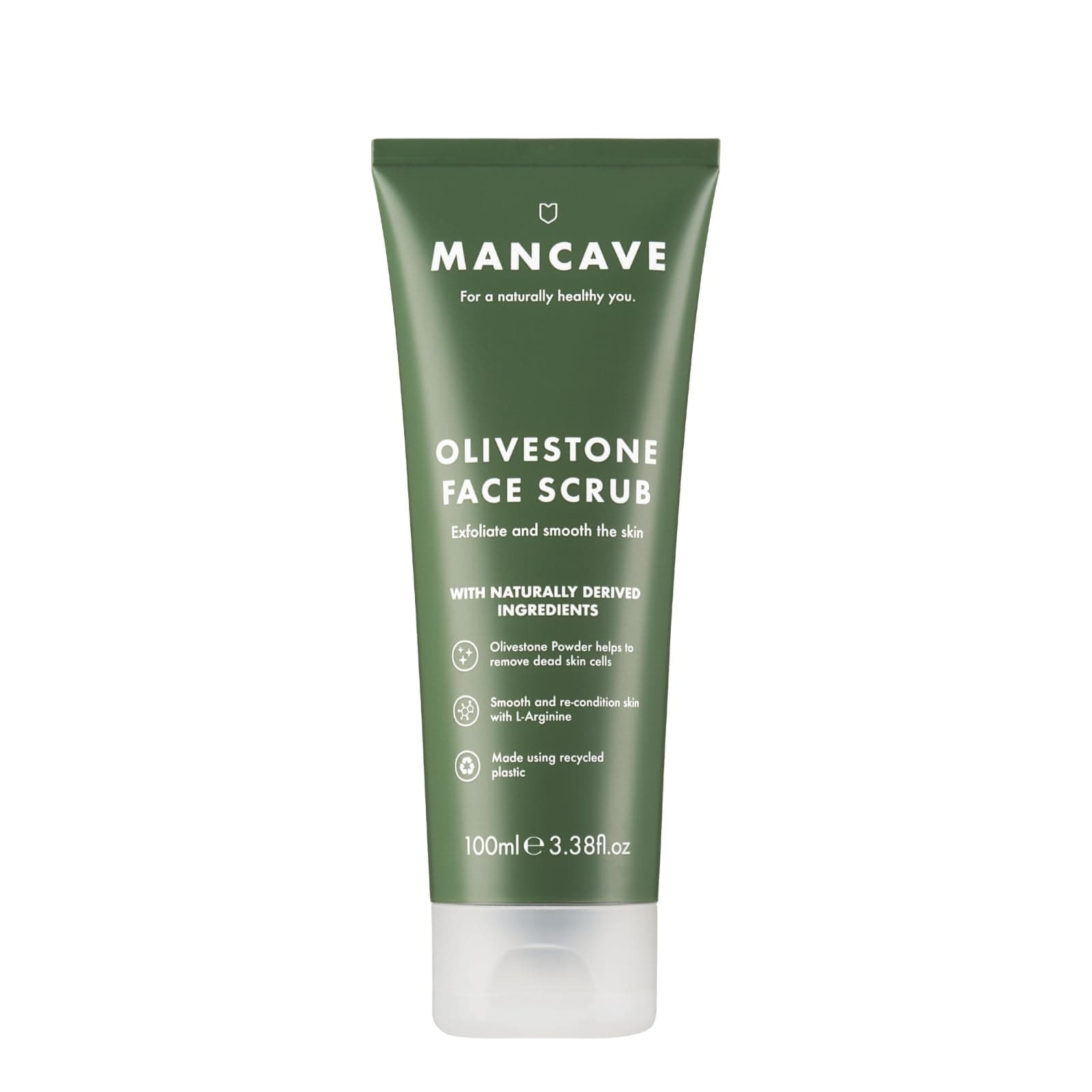 ManCave Olivestone Face Scrub 100ml, Exfoliates & Smoothes, Fight dullness and dead-skin build up, Natural effective smoothing exfoliants using Olive Stone Particles, Vegan, Made in England
