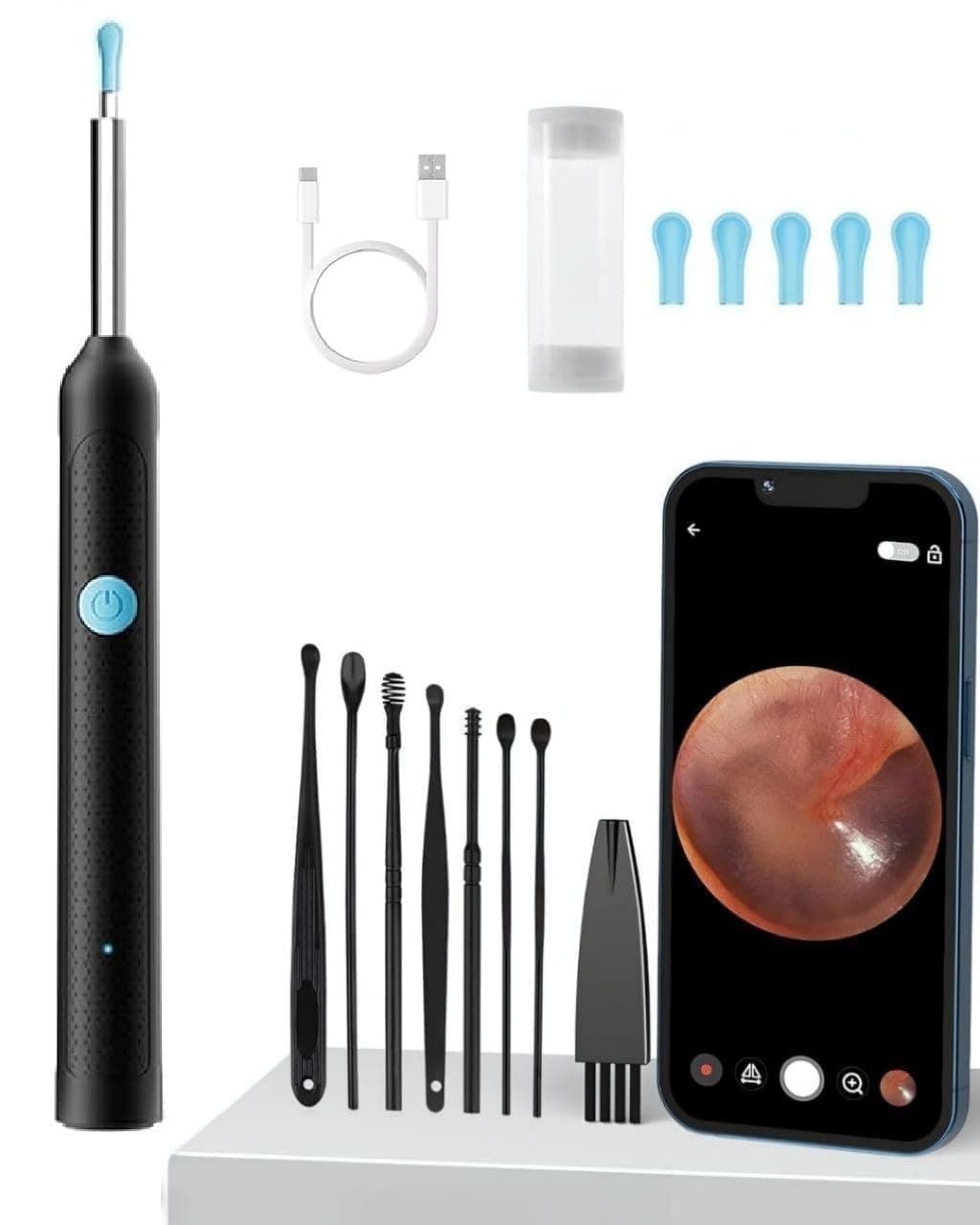 AIXMEET Earocam Earwax Removal Tool Kit with HD Camera WiFi Connection & 6 LED Lights Endoscope Tool Ear Cleaner Tool Set of 8, Otoscope with Light for iOS & Android Kids Children Adults Gift Gadget