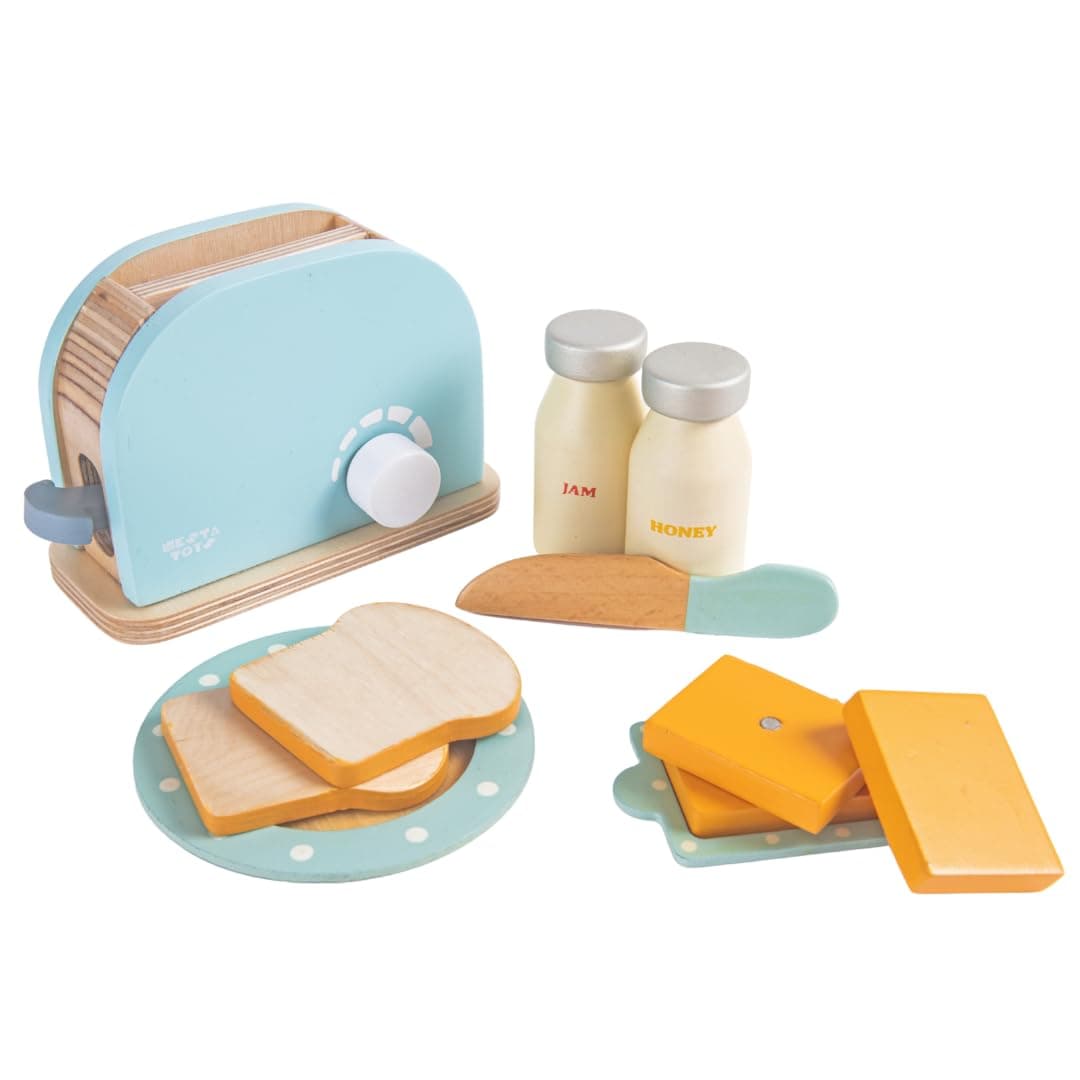 - NESTA TOYS Wooden Bread Pop-up Toaster Kitchen Set (11 Pcs) | Press Lever Toast Pops Up | Breakfast Set with Jam Butter Plate | Pretend Play Kitchen Toy | Builds Imagination & Language Skills |Age 3-6