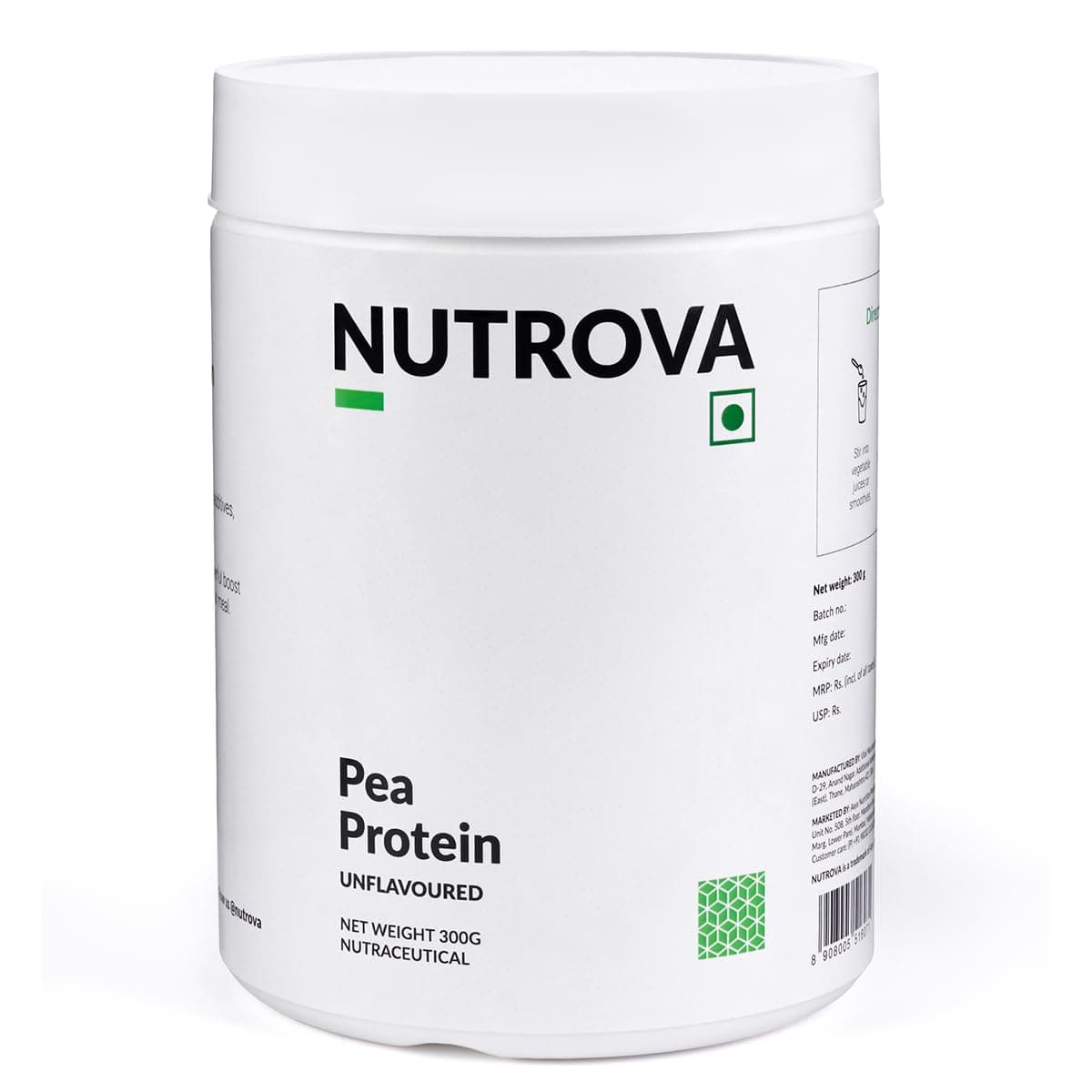 NUTROVA Pea Protein Powder, Vegan Protein Isolate - No Added Sugar, Artificial Sweeteners or Flavours, Vegan & Gluten-free - Easy to Mix (300gm) 80% protein content, 8g of protein in every 10g scoop