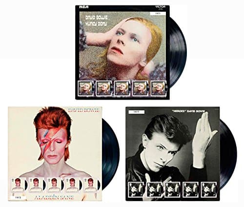 2017 David Bowie Stamps - Set of 3 Limited Edition Fan Sheets of Album Covers; Aladdin Sane, Heroes and Hunky Dory