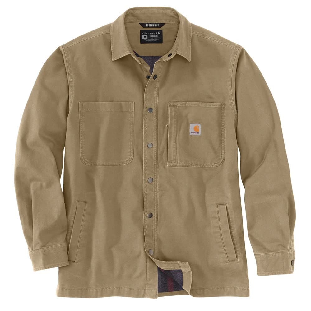CarharttMen's Big & Tall Rugged Flex Relaxed Fit Canvas Fleece-Lined Snap-Front Shirt Jac, Dark Khaki