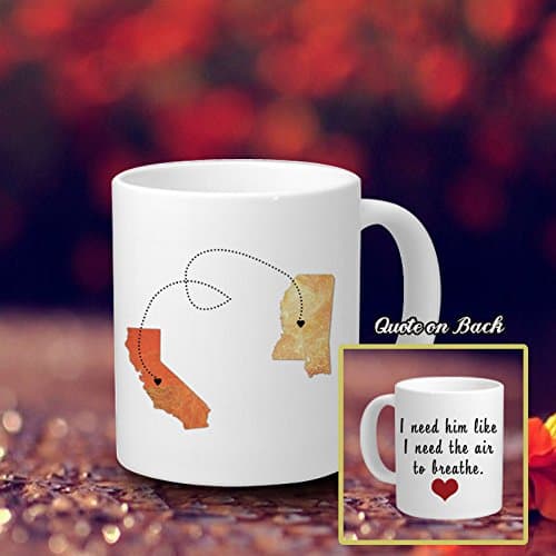 Personalised Coffee Mug with Sayings Custom State or Country Heart Coffee Mugs with Quotes Long Distance Love Mug Long Distance Relationship Gift Him Gift for Her I Need Him Like I Need Air to Breathe