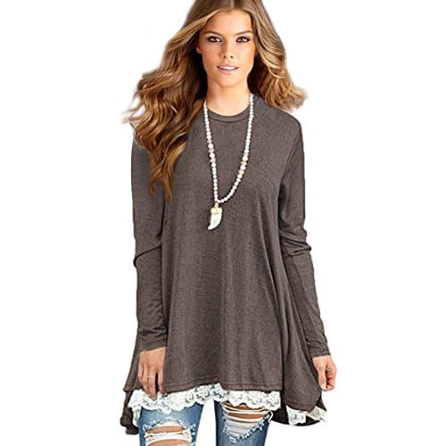 Sunfung Women's Lace Long Sleeve Tunic Tops Shirt Clothing Scoop Neck Womens Plus Size Tunic Blouses Tops (Large/US 12-14, Coffee)