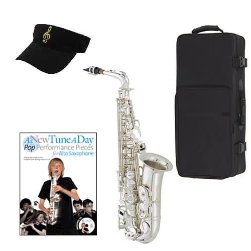 Silver Alto Saxophone Pop Performance Pack - Alto Sax w/Case, Accessories, Pop Performances for Sax Book & Warranty