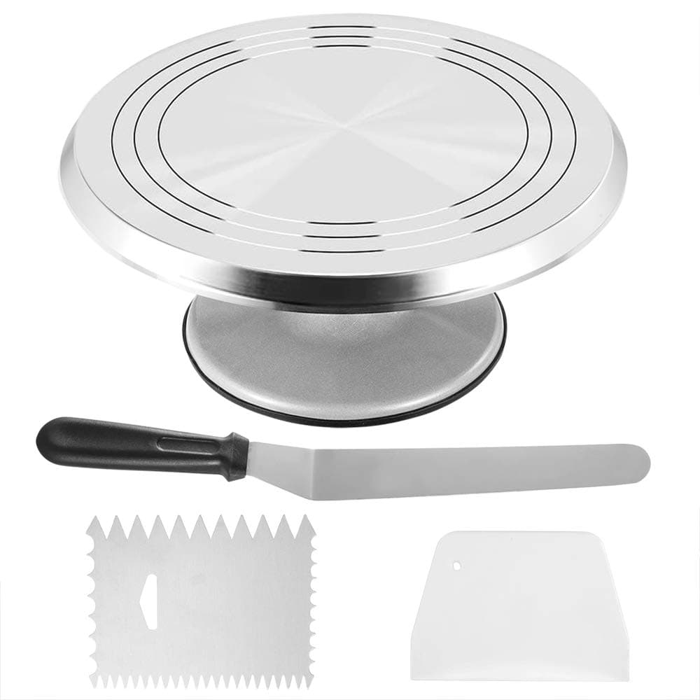 CHIYAN 12'' Aluminium Alloy Revolving Cake Stand, Rotating Stand Revolving Spinner Baking Accessories Tools Turntable Set with Icing Spatula Comb Icing Smoother, Cupcake Decorating Supplies