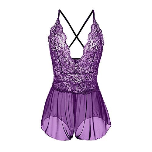 SpicyIzzy Women's Lingerie Open Crotch See Through Underwear One Piece V-String Lace Mess Crotchless Miniskirt Undergarment Babydoll Dress Plus Size (M, Purple)