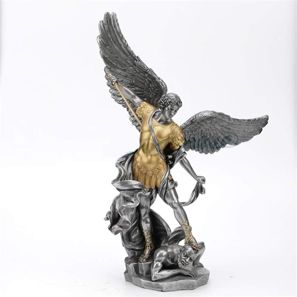 Unicorn Studio 14 1/2 inch pewter and gold Archangel Saint Michael tramples Demon statue sculpture