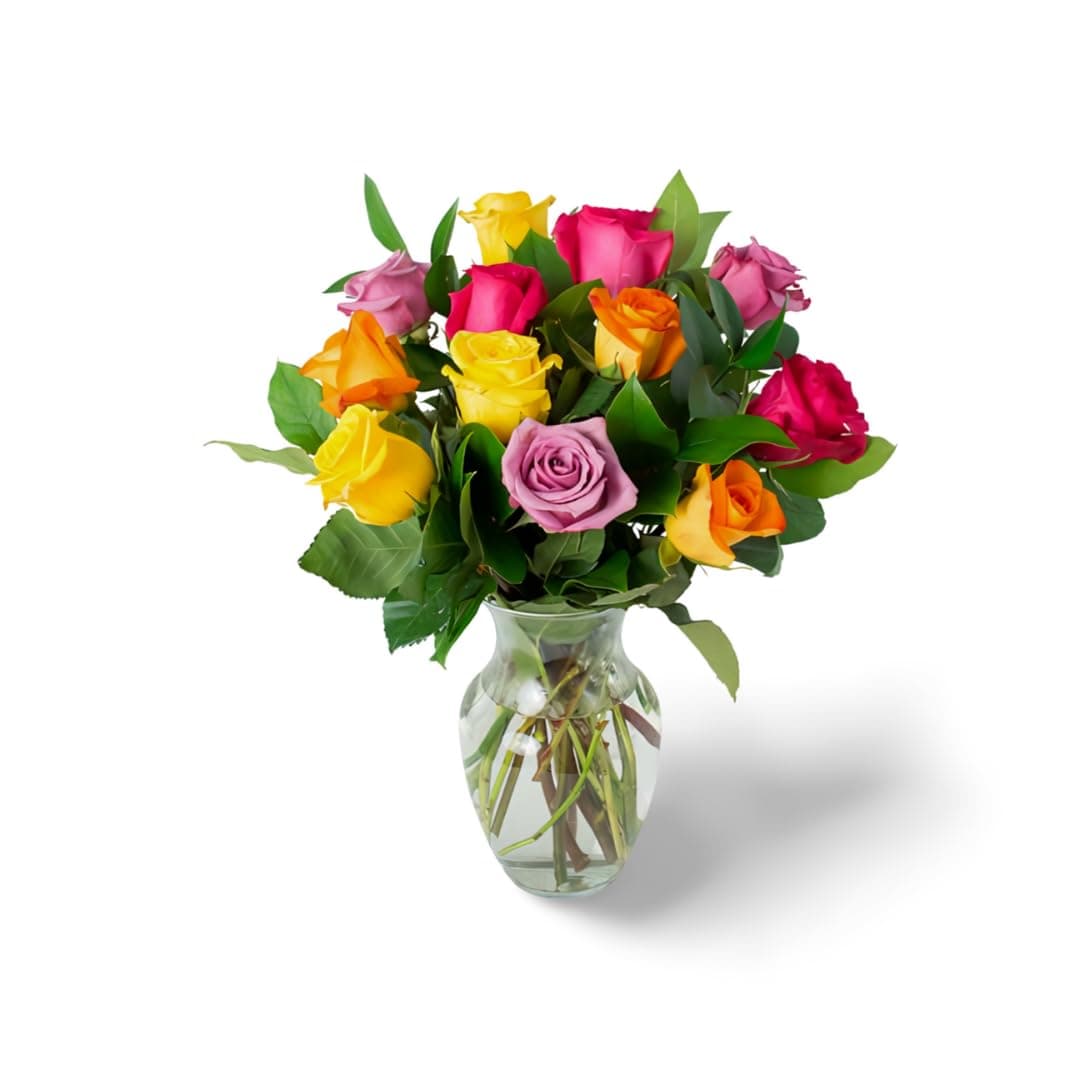 DELIVERY by Tue, 02/20 Guaranteed IF Order Placed by 02/19 Before 2PM EST. KaBloom Valentine's Prime Delivery - Denali Collection:Handcrafted with Care Bouquet - 12 Assorted Roses and Greens with Vase