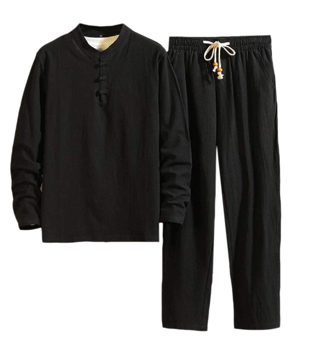 Unko Men Long Sleeve Linen Solid Color Button T-Shirt Pants Tracksuit Set