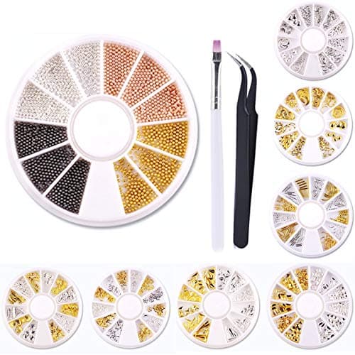 8 Wheels Manicure Nail Art Studs Kit - Silver & Gold 3D Metal Nail Studs Star Moon Rivet Starfish Shell Hollow Feather Punk Nail Art Jewels Decoration with a Tweezer and a Nail Brush