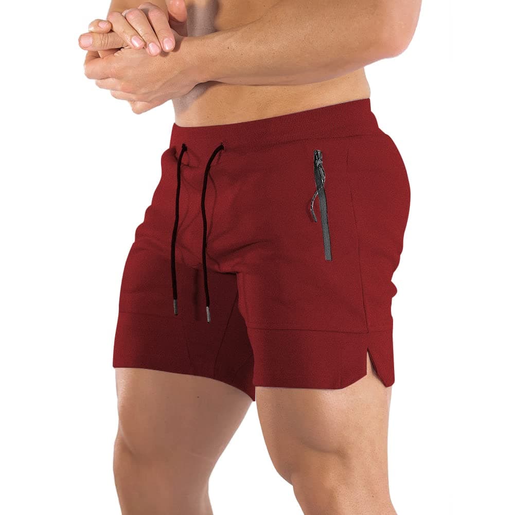 PIDOGYMMen's 5" Gym Workout Shorts,Fitted Jogging Short Pants for Bodybuilding Running Training with Zipper Pockets, Wine Red, Small