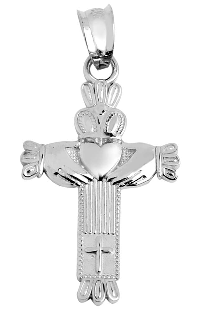 14k White Gold Claddagh Charm Celtic Cross Pendant