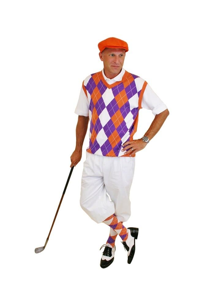 Men's Golf Outfit - White Knickers, Orange, White, Purple with Purple Overstitch (34S)