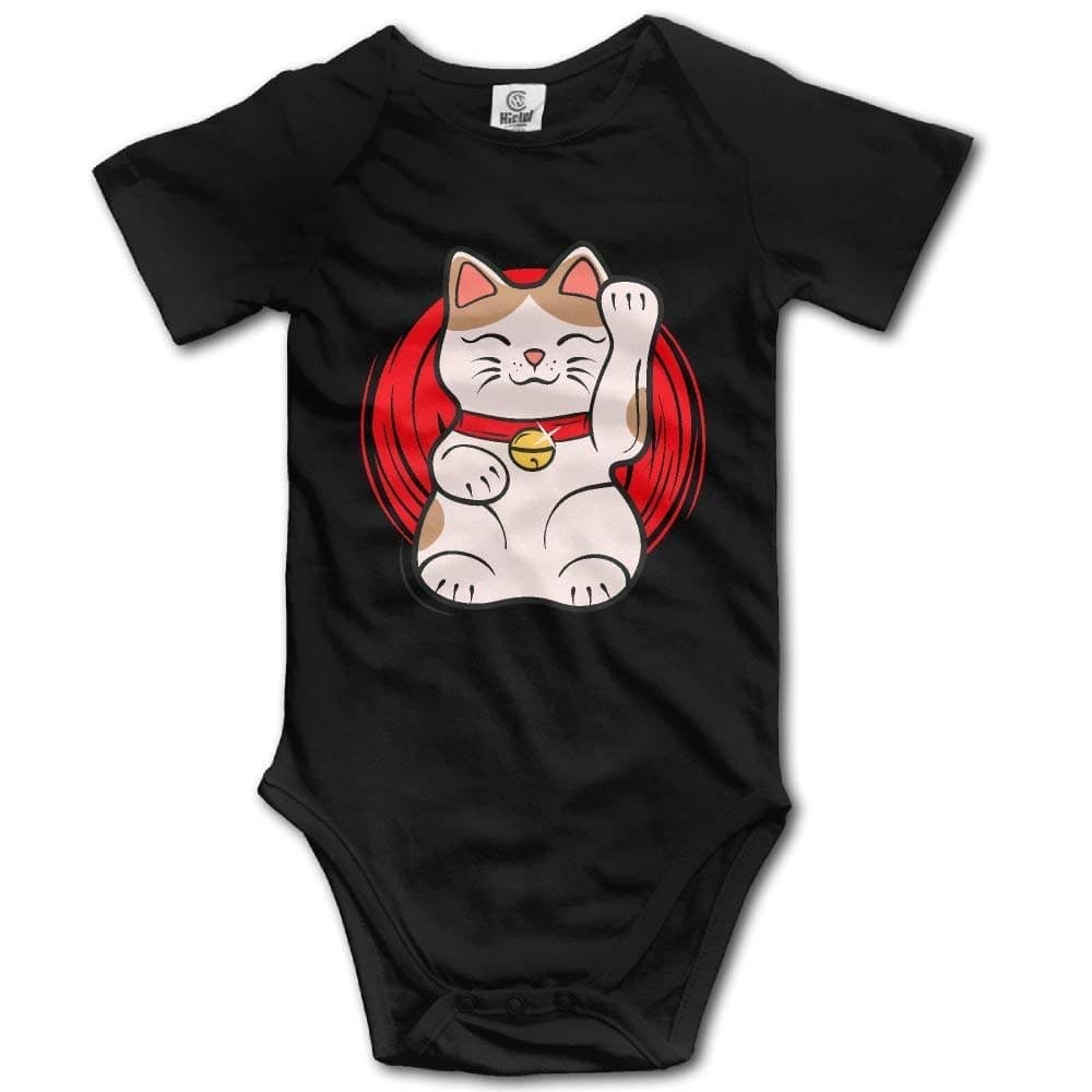 Japanese Lucky Cat Little Baby Outfit Creeper Short Sleeves Jumpsuits Black