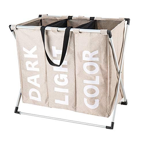 HOSROOME 3 Sections Laundry Hamper Laundry Baskets with Aluminum Frame (24.5X 15x 23 inches) Dirty Clothes Bag for Bathroom Bedroom Home College Use,Beige
