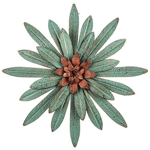 Everydecor Distressed Turquoise with Red Center 3D Metal Flower Wall Art Decor - Hand Painted Teal Rusty Floral Sculpture Hanging Decoration for Home Kitchen Living Room Bedroom Office Indoor Outdoor