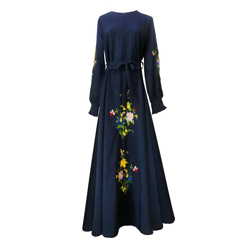 Kaftans Women Maxi Dresses Muslim Gowns,Sonnena Long Sleeve Embroidered Belted Long Dress for Ladies