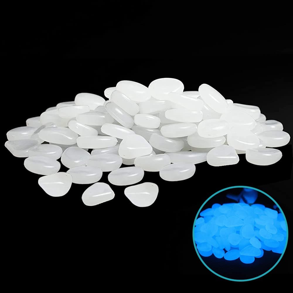 Muzero Glow in The Dark Rocks - 100pcs White Glowing Pebbles Luminous Stone for Fish Tank, Garden Yard, Path Patio Aquariums Rocks Decorations Powered by Light or Solar