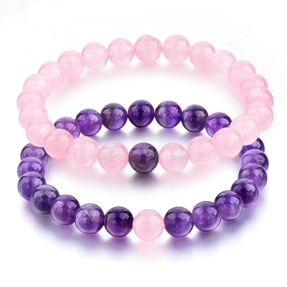 REBUY Amethyst & Rose Quartz Bracelet for Men & Women | Natural Crystal Healing Gemstone Attract Positive Energy Spiritual Growth Protection Stone | Size 8mm Pack of 2