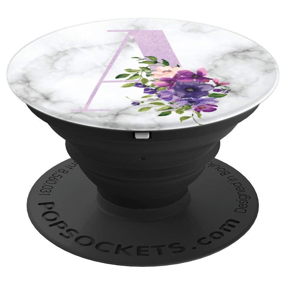 Lilac Purple Floral Flowers Marble Monogram Initial Letter A PopSockets Grip and Stand for Phones and Tablets