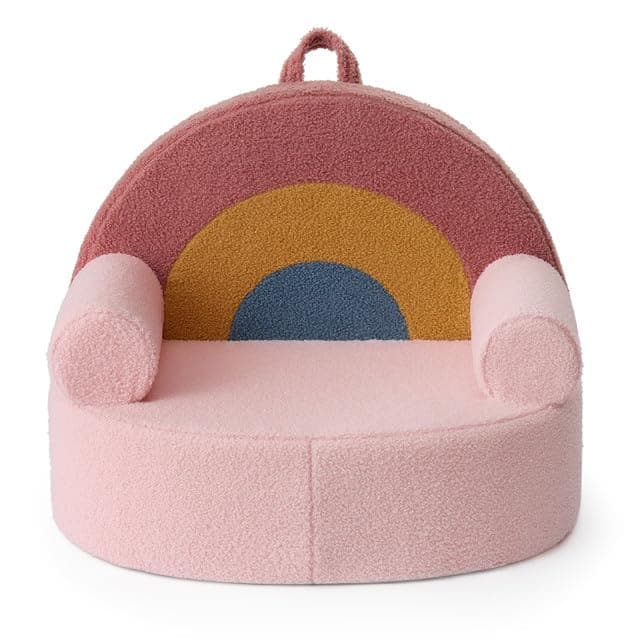 Blissful Diary Toddler Chair Comfy, Foam Kids Chair with Soft Teddy Plush, Toddler Reading Chair with Cute Rainbow Designs- Blush Pink