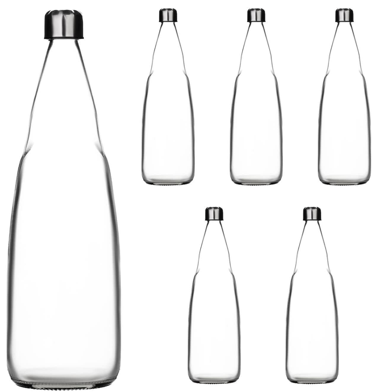 SAND DUNE Set of 6, 1000 ml Each Glass water bottle, with Leak-Proof Airtight Stainless-Steel Lid for Water, Smoothie, Juices - Reusable Travel Glass Drinking Fridge Bottles