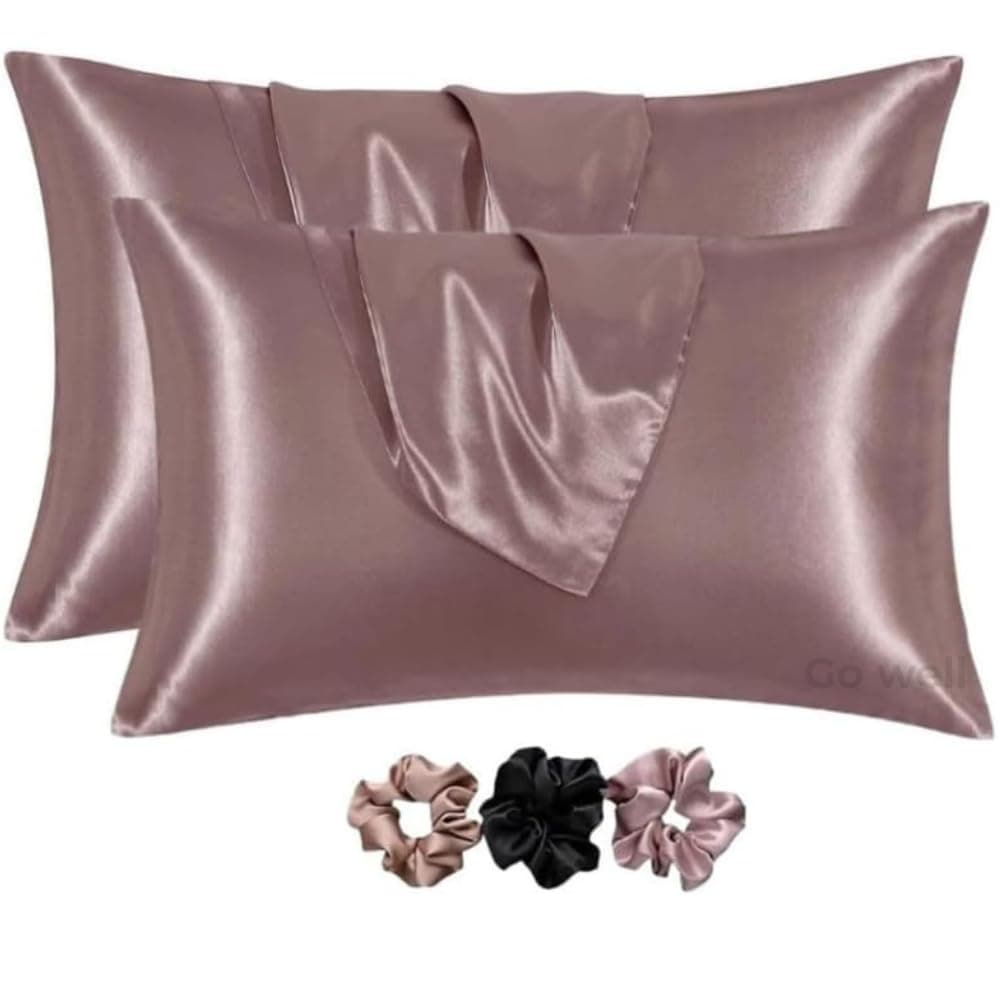 - GO WELL Solid Satin Silk Pillow Covers Pack of 2 for Hair and Skin-with Satin Scrunchies |Satin Pillow coves for Hair and Skin|scrunchies for Women 3-Pieces|Silk Pillow case (RoseTaupe) 600TC
