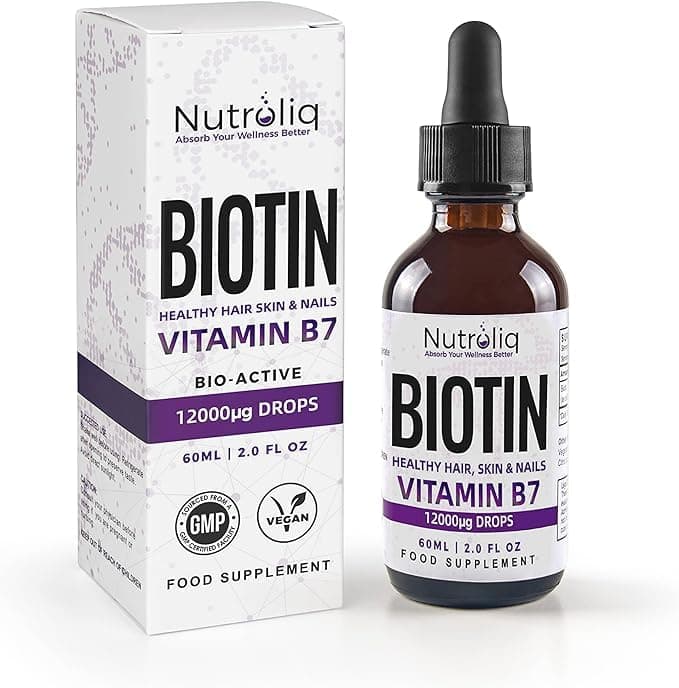 Nutroliq Biotin Liquid Drops - Vegan Vitamin B7 Dietary Supplement for Hair, Nail & Skin Health - Pure 12000mcg Biotin Drops for Hair Growth - Extra Strength Berry-Flavoured Vitamin H Serum - 60 ml