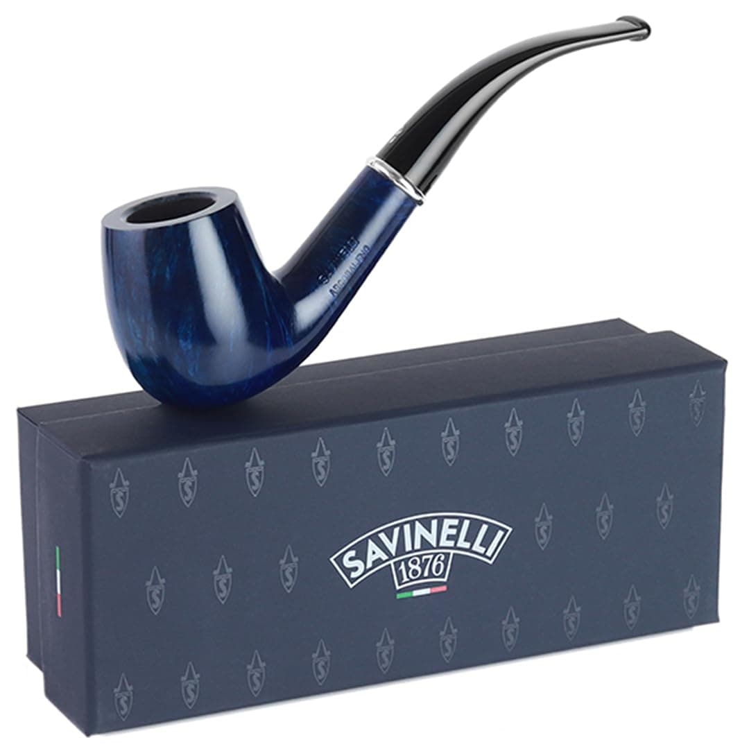 Savinelli Arcobaleno Blue - Naturally Stained & Handmade Italian Tobacco Pipe, Colorful Bent Wood Briar Pipe (Blue, 606 KS)