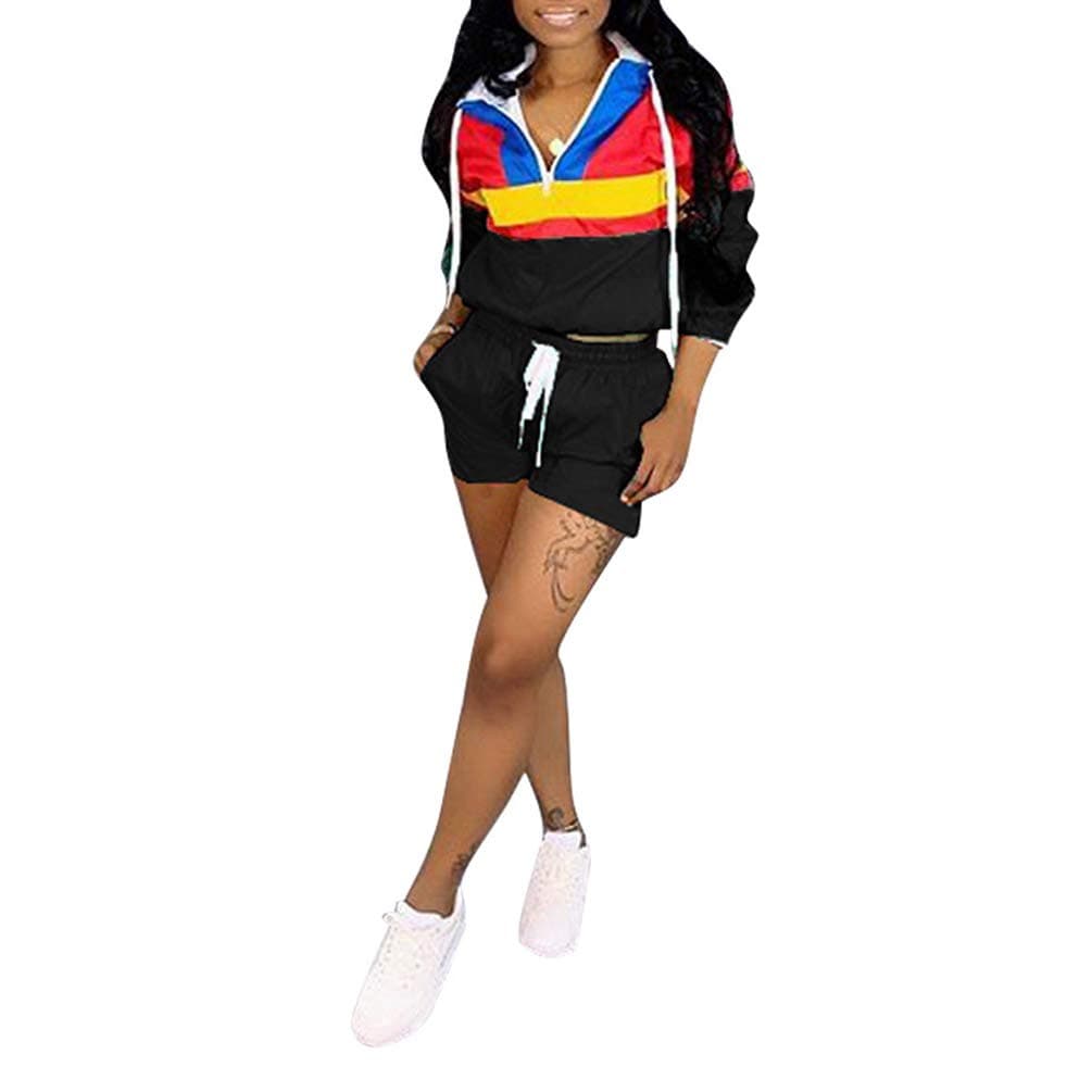 Salimdy Tracksuit for Women Set - Two Piece Outfits Casual Color Block Windbreaker + Shorts Set Sweatsuits Workout Activewear Black Medium