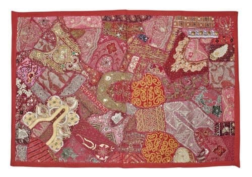 Ethnic Handmade Vintage Wall Hanging Tapestry with Heavy Embroidery, Zari, Sequins, Beads & Old Sari Patchwork, 152 X 101 Cm