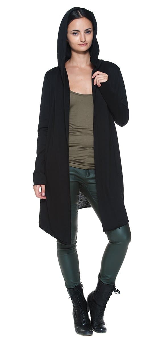 Women's Black Hooded Edgy Medieval Goth Cloak Style Cardigan Robe Coat Jacket (Small)