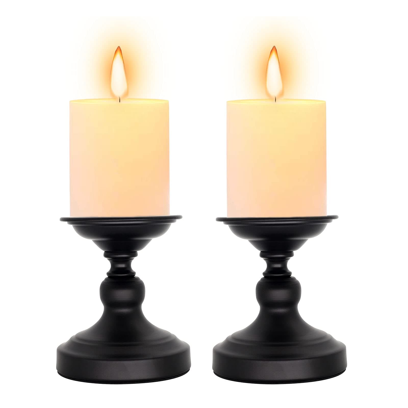 Matte Black Metal Pillar Candle Holder - Set of 2 Candlestick Holders, Ideal for Home Coffee Table Decor Decorations, Centerpiece for Dining/Living Room- Best Wedding Gift