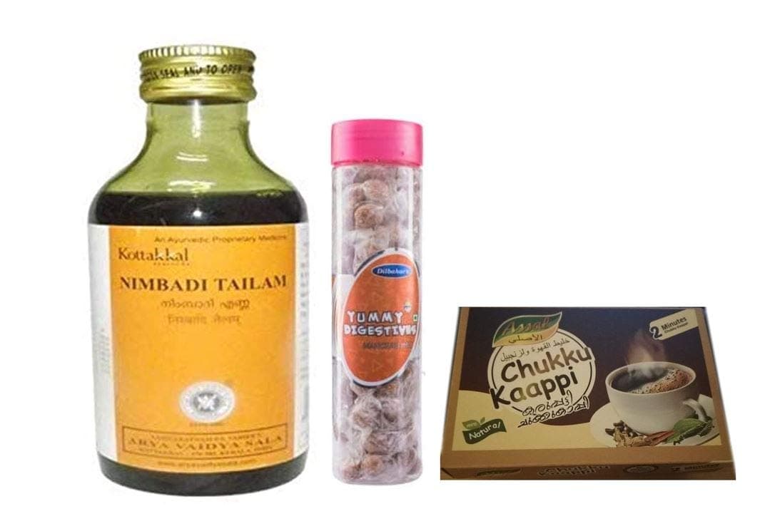 Kotakalaarya VadyaSaala tailam 200ml x 5 bottles, With Free Dilbahars Yummy Digestives Manchali Imli 800gm & Assal Dry Sukku Kaapi Powder - 500g
