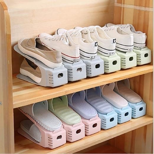 KSP HOME 12 piece Shoe Holder Plastic Double Deck Space Saving Rack Stand for Closet Organization Adjustable Shoe Slots Folding Slots Organizer for Sandals Slipper Heels Holder for Closet multicolor