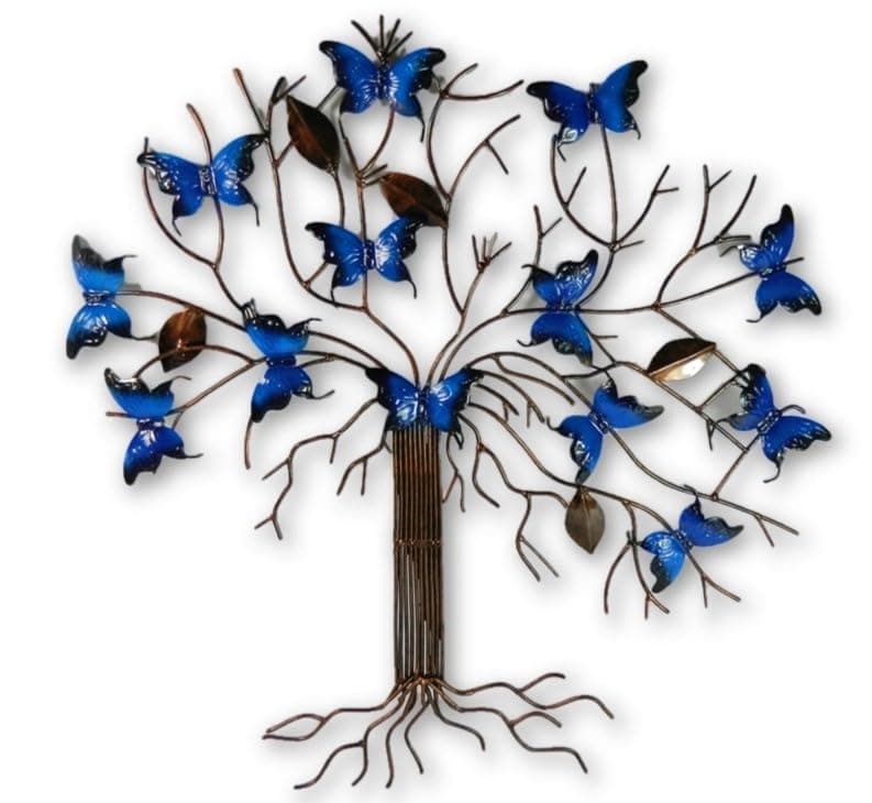 Handmade Blue Metal Butterfly Tree Wall Art, H45cm x W46cm - Hand-Painted Blue Butterfly Sculpture - Unique Home & Garden Decorations - Ideal for Fences, Patios & Feature Walls