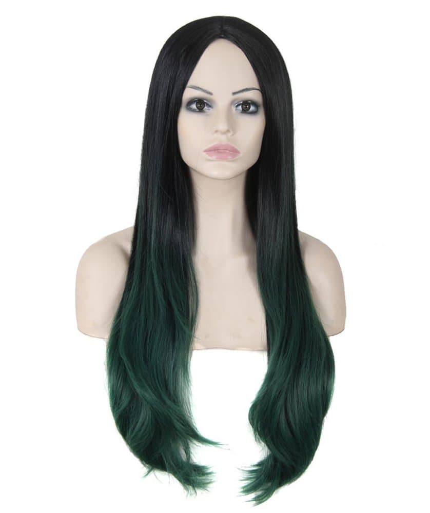 Two Tone Dark Green Ombre Wigs Black Roots Synthetic Hair Long Natural Straight Wigs