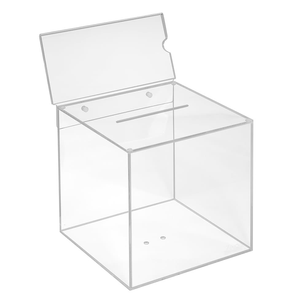 Ticket box made of acrylic glass in 200 x 200 x 200 mm with top sign DIN long horizontal - Zeigis® / donation box / promotion box / competition box / transparent / acrylic / plexiglass®