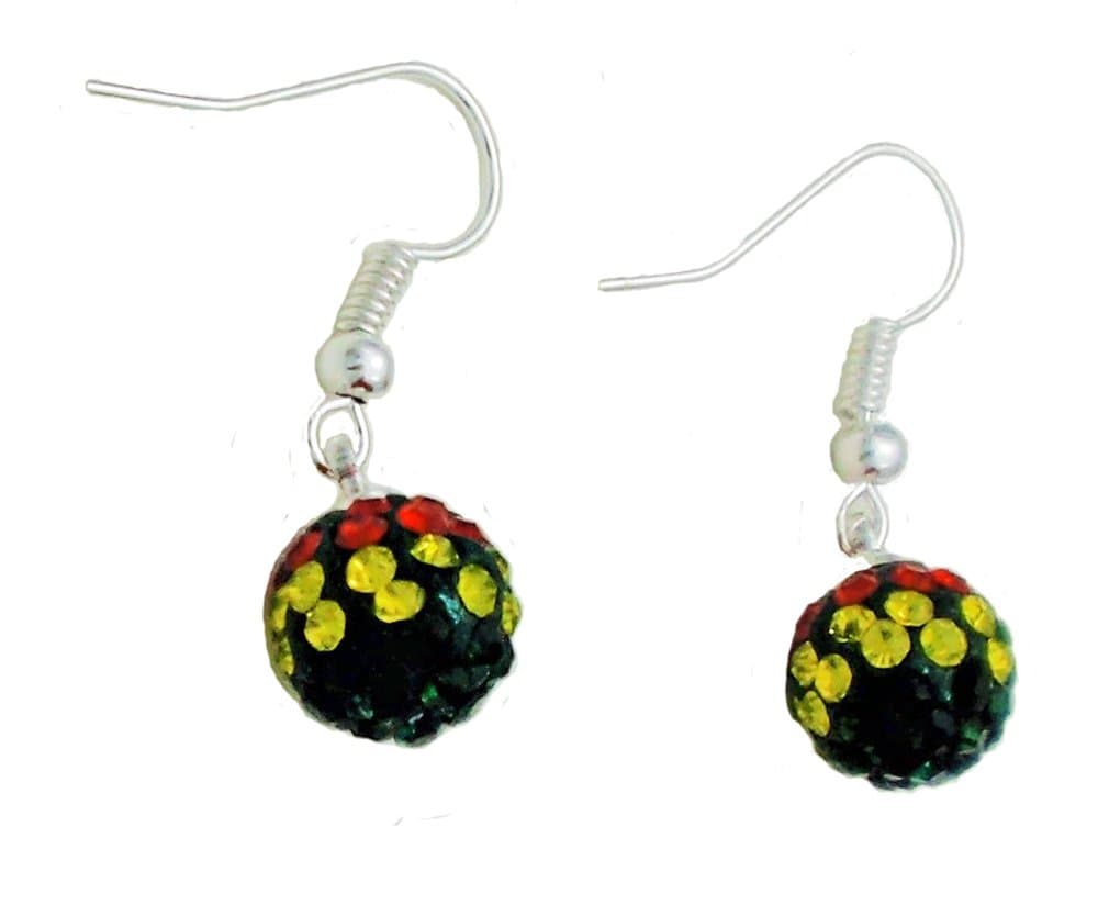 Red Gold Green Rasta Colour Shamballa Rhinestone Disco Crystal Ball 8mm Pendant Earrings